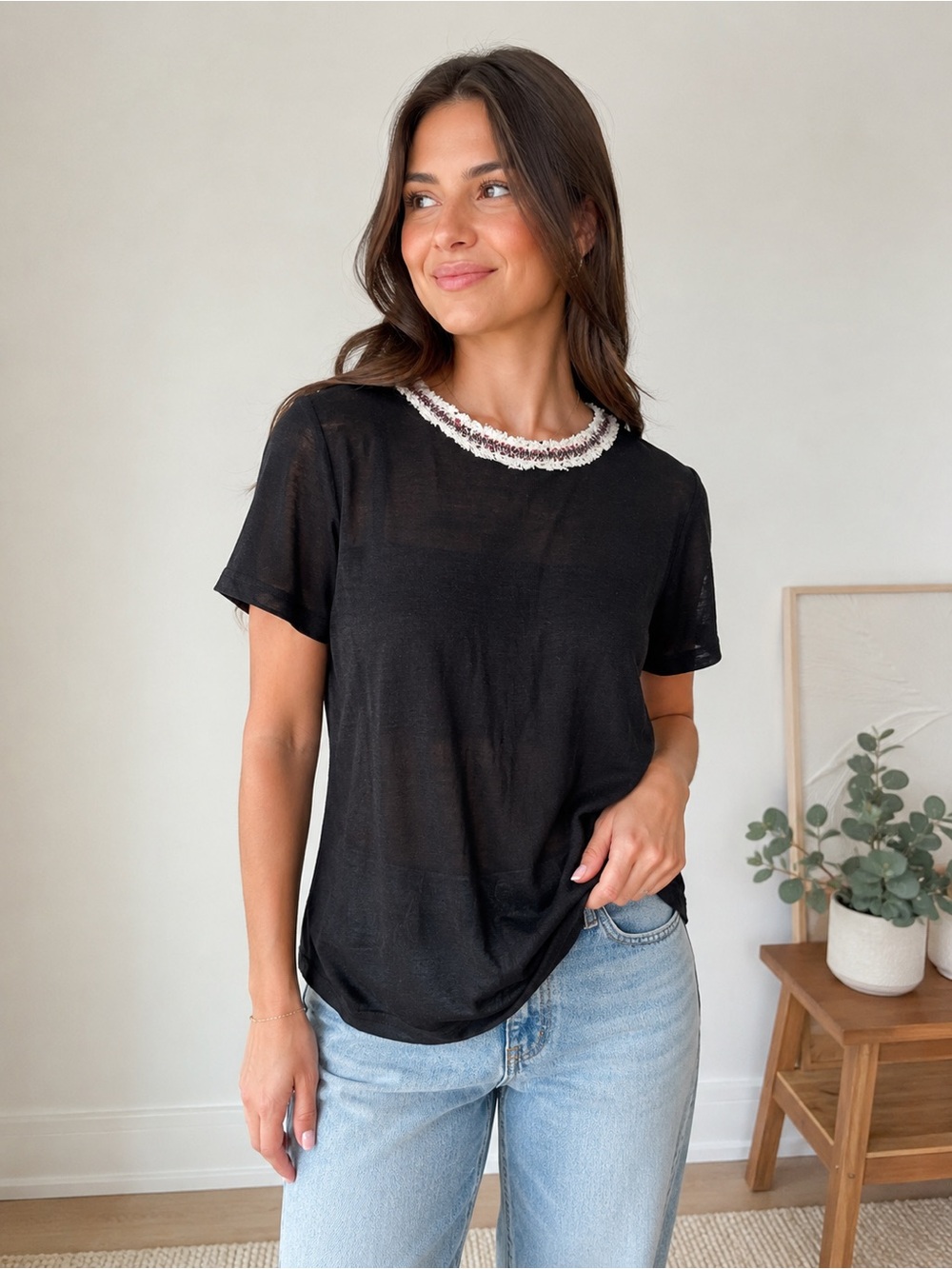 Rebecca Taylor 100% Linen Tee with Tweed Trim Collar Large
